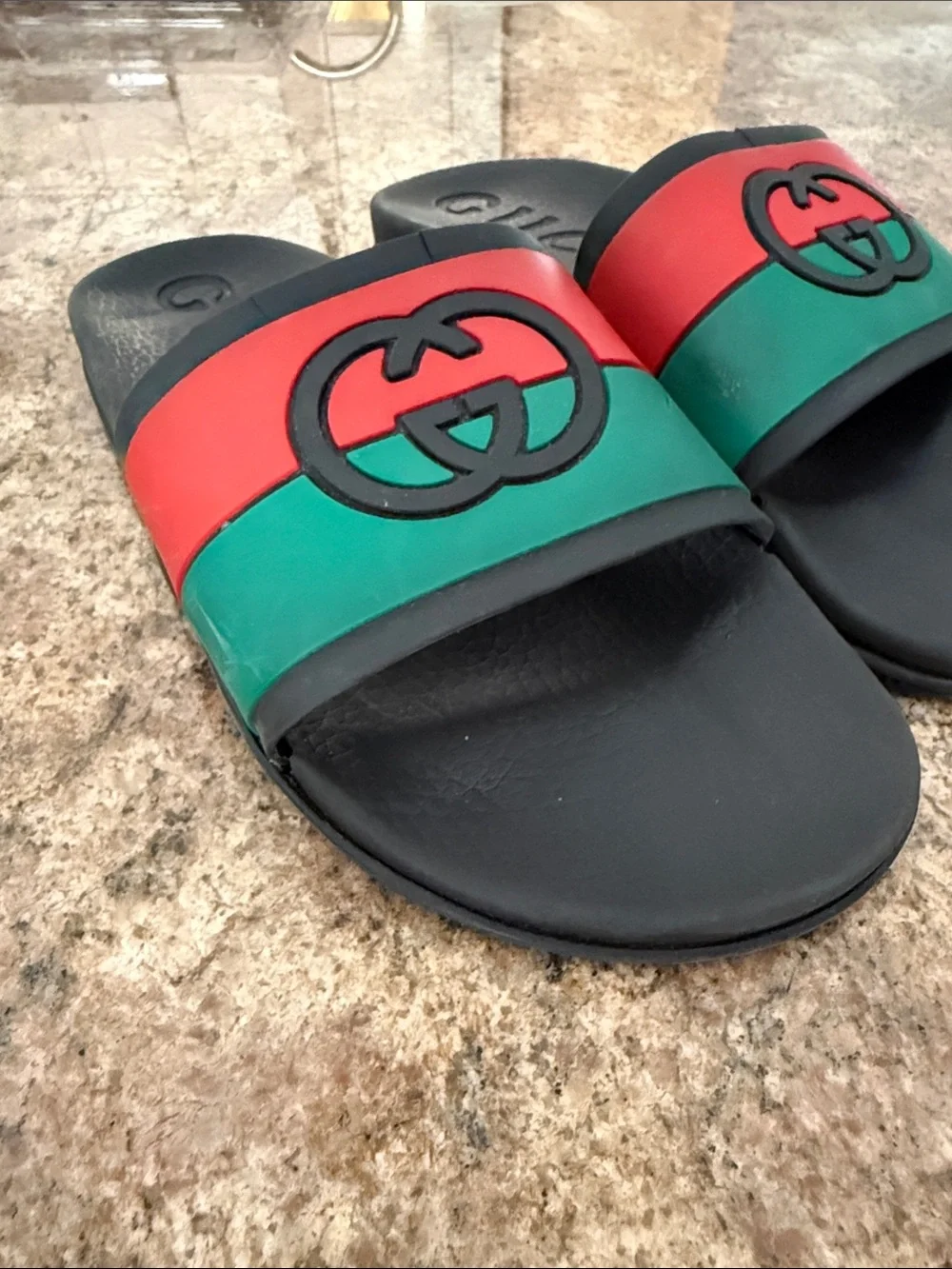 Gucci Black Slides with Red and Green Web Stripe Size 8 *Damaged*